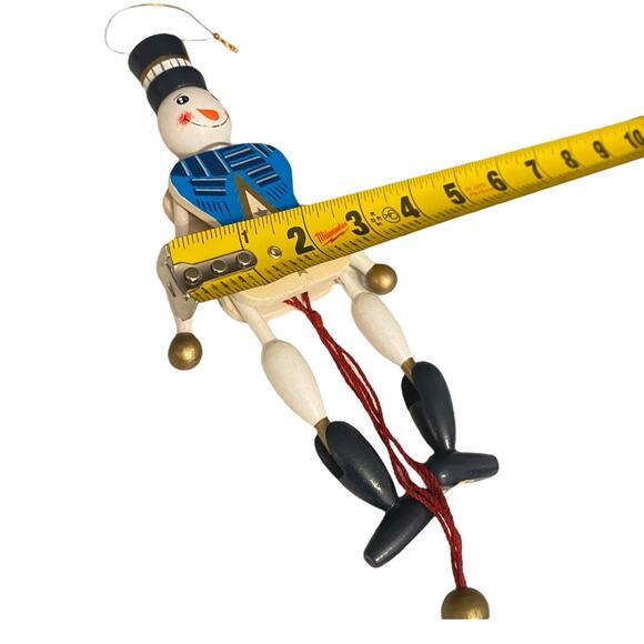 Vintage Pull Toy Christmas 7 1/2" Tall Moving Arms Legs Snowman Wooden Ornament - Picture 9 of 9